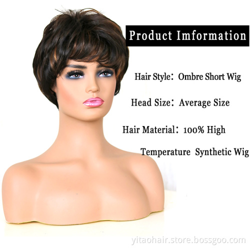 Whosale price short cut pixie wigs Ombre colored synthetic hair wigs with bangs for women